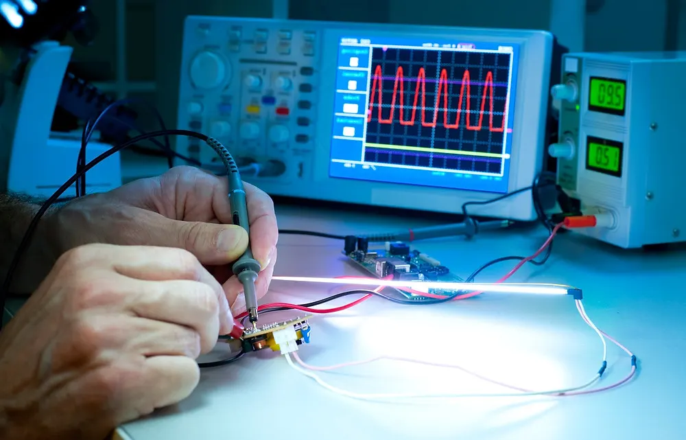 Prototype of a circuit being tested in a laboratory using an oscilloscope